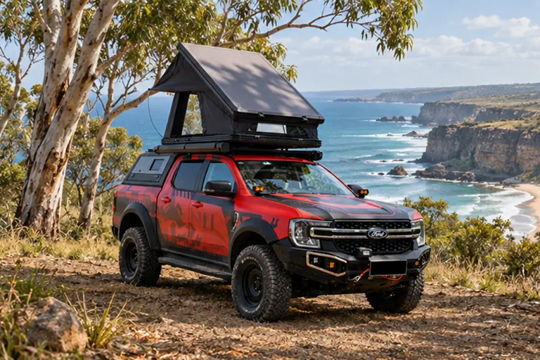 Rooftop tent weight in practice: an aluminium hard shell tent mounted on a 4WD at a coastal campsite