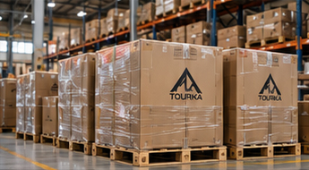 TOURKA branded cartons on pallets ready for container loading