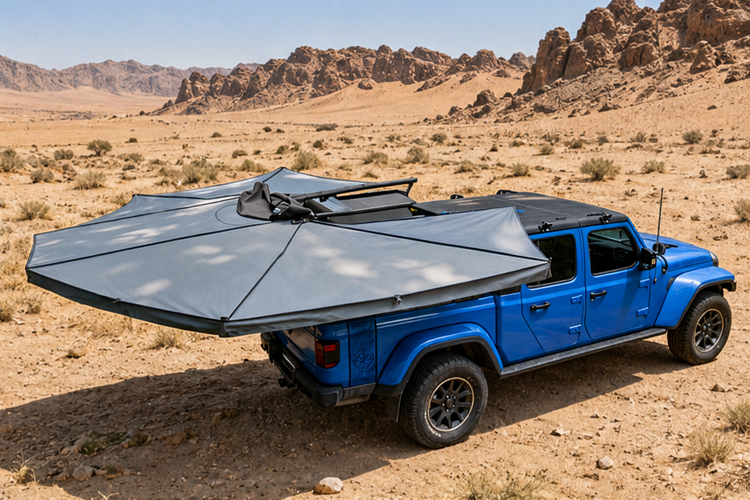 Vehicle awning deployed from a 4WD, built by TOURKA for OEM/ODM orders