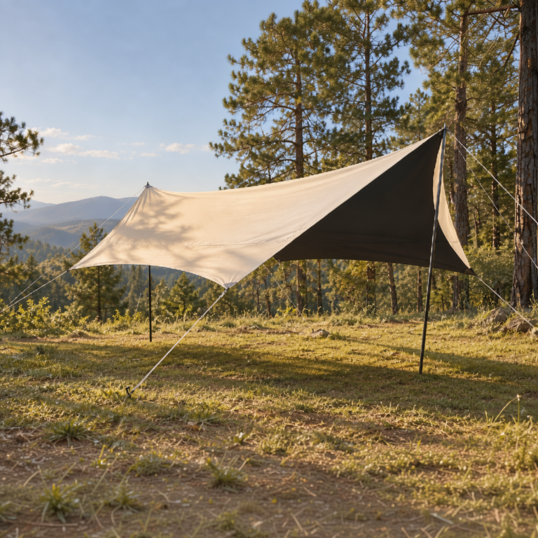 Awning tarp pitched between pine trees at golden hour