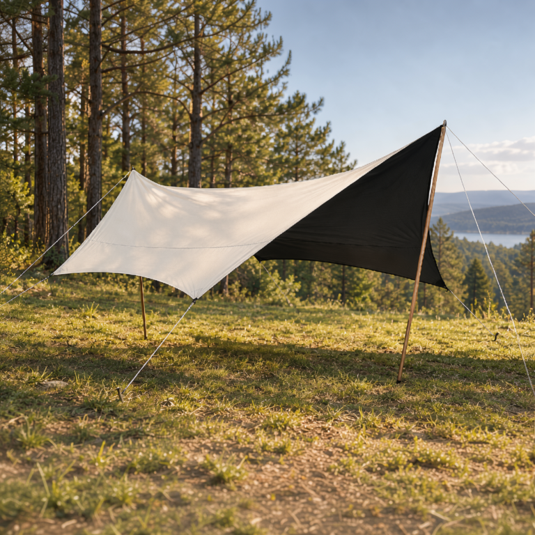 Two-tone awning tarp tensioned on poles in a pine forest