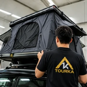 Rooftop tent insulation starts at the build: a TOURKA technician fitting an insulated hard shell roof top tent to a vehicle