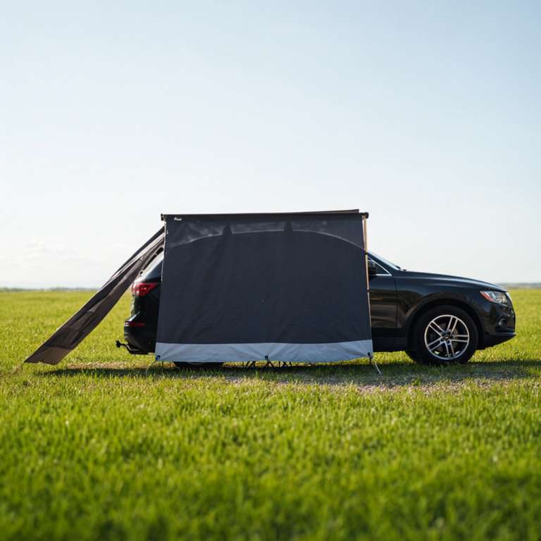 Side awning with removable blocking cloth panels fitted to a 4WD vehicle