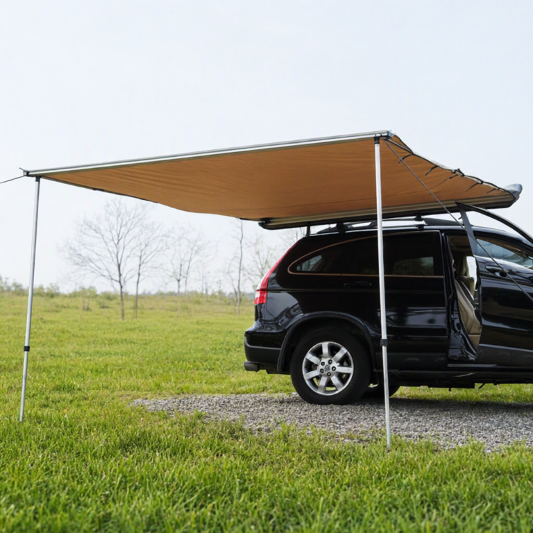 Sand coloured side awning extended from an off-road SUV