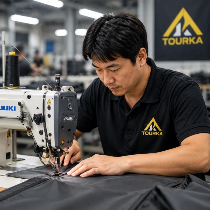TOURKA technician stitching tent fabric on an industrial sewing machine