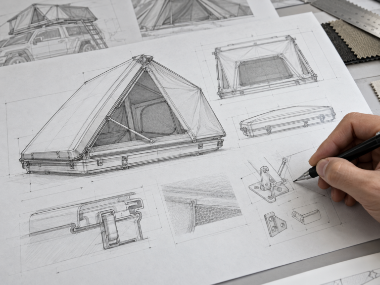 Rooftop tent design sketches with dimensions for an OEM/ODM development project