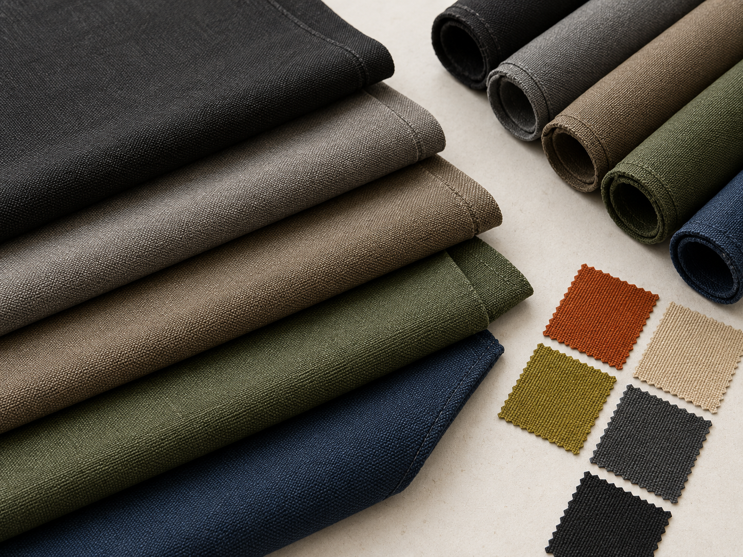 Outdoor fabric and colour swatches selected for a custom camping equipment range